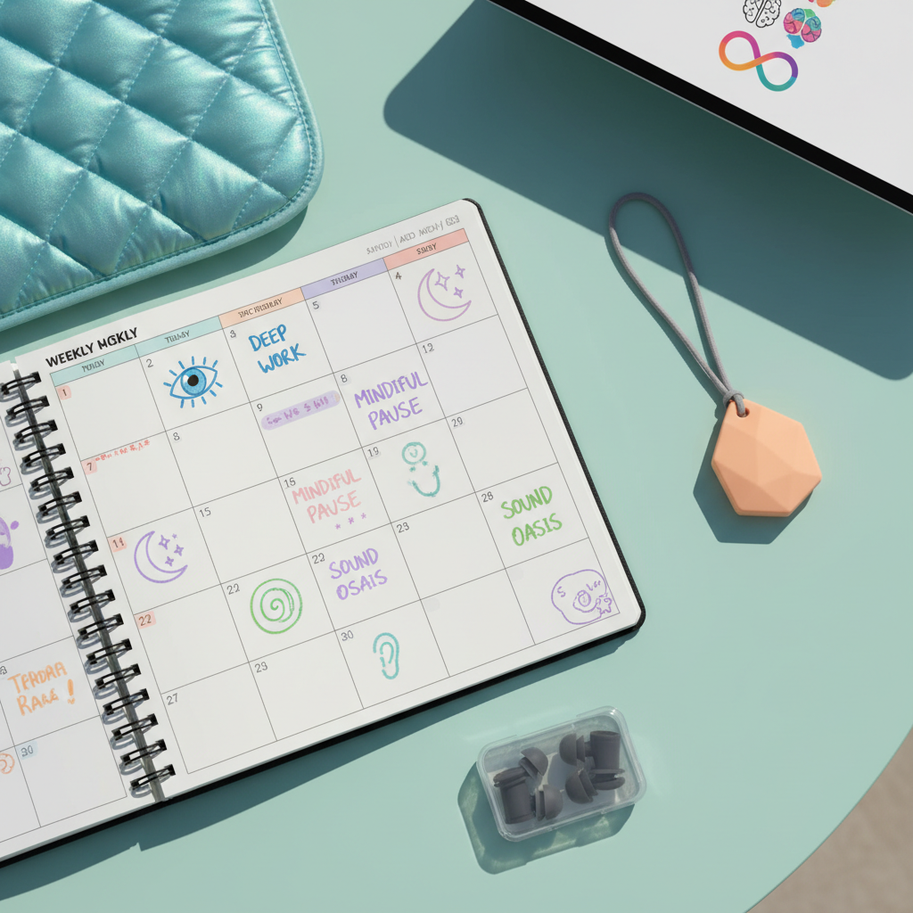 A dynamic flat-lay composition of a weekly planner opened across a rounded-corner, mint-green desk, filled with colorful, hand-lettered tasks labeled with symbols for focus, rest, and sensory breaks. Surrounding the planner are sensory tools: a smooth, iridescent weighted lap pad partially in frame, a soft silicone chewable pendant, and a small box of noise-dampening earplugs in a translucent case. Bright, overhead daylight creates crisp but gentle shadows and subtle reflections on the objects, giving clarity without harshness. The background includes a blurred edge of a tablet showing a stylized ADHD and autism icon. The mood is empowering and organized-yet-playful, highlighting personalized neurodivergent routines. Photographic realism, vibrant and clean, with asymmetrical balance and sharp focus across the frame.
