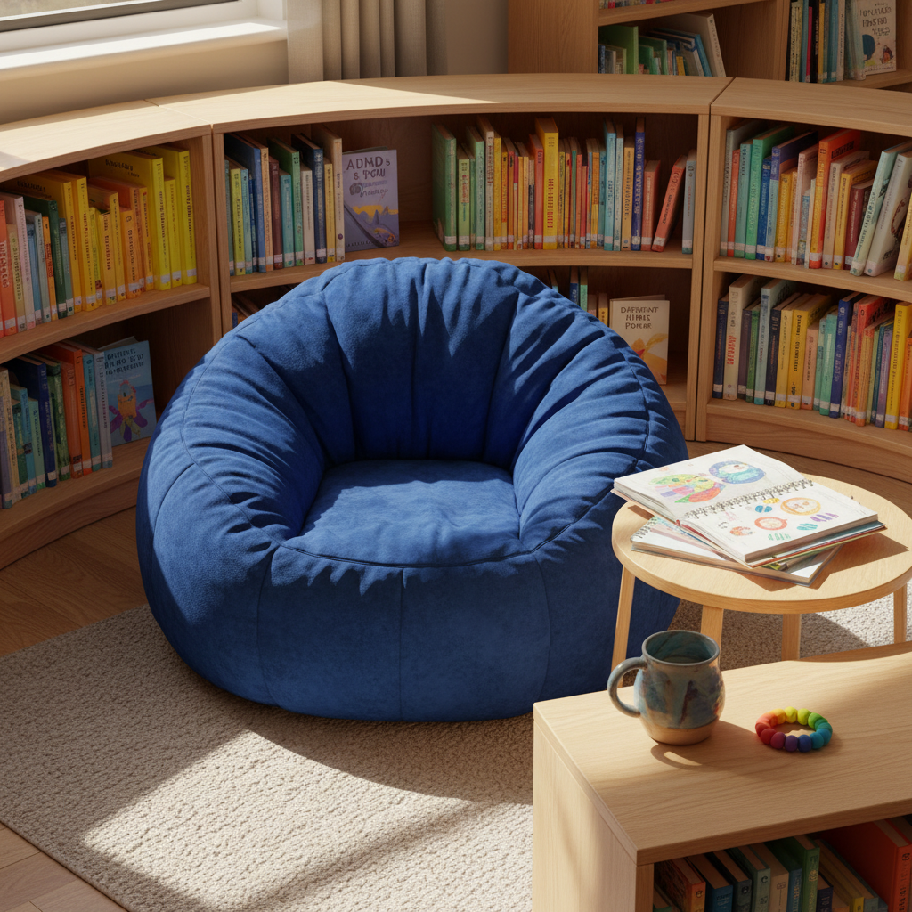 A cozy reading corner captured from a wide, slightly elevated angle, featuring an overstuffed beanbag chair in rich cobalt blue with a velvety texture and rounded, organic form. Surrounding it are low, curved bookshelves filled with color-organized books about ADHD, autism, and neurodiversity, their spines in bright, joyful hues. On a small, circular side table with a smooth, light-wood surface sits a stack of open notebooks, a chunky ceramic mug, and a silicone fidget ring. Warm, diffused afternoon light spills in from a large unseen window, creating gentle, soft-edged shadows. The mood is safe, inviting, and playful, emphasizing sensory comfort. Photographic realism with vibrant colors and a slightly whimsical composition, sharp focus throughout to showcase the textures and details of this neurodivergent-friendly sanctuary.