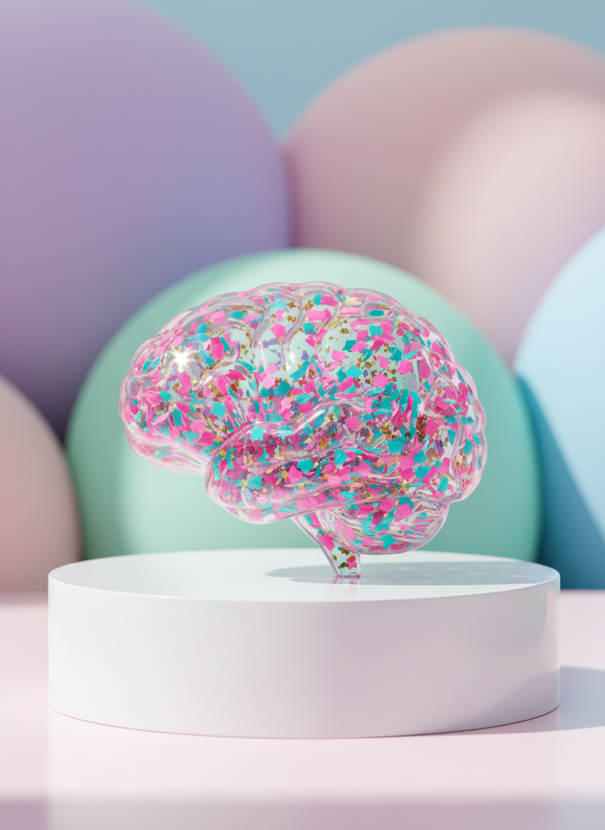 A close-up, eye-level composition of a semi-transparent brain-shaped acrylic sculpture filled with floating, colorful confetti and tiny stars in bright pink, teal, and gold. The sculpture rests on a glossy white pedestal with rounded edges, in front of a softly blurred background of oversized, pillowy shapes in gradient pastel colors. Soft studio lighting from both sides creates sparkling highlights inside the brain and casts a gentle, rounded shadow behind it. The atmosphere feels celebratory and affirming, suggesting that a neurodivergent brain is full of vibrant ideas. Photographic realism with a clean, modern aesthetic, energetic yet comforting, using shallow depth of field to keep focus on the intricate textures inside the brain sculpture.